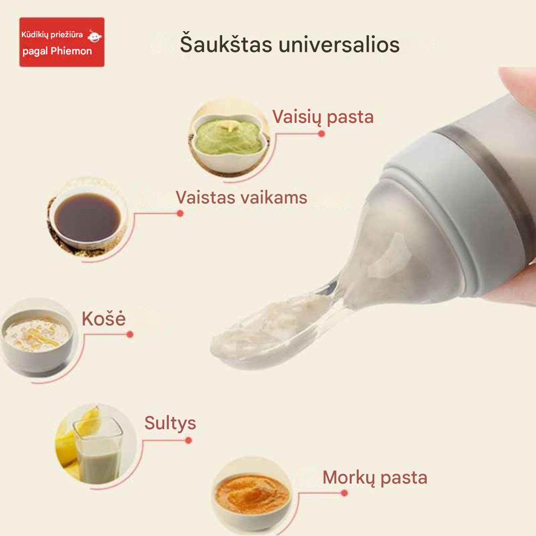 Mambo baby“ silikoninis spaudžiamas maitinimo buteliukas su dangteliu ir šaukšteliu